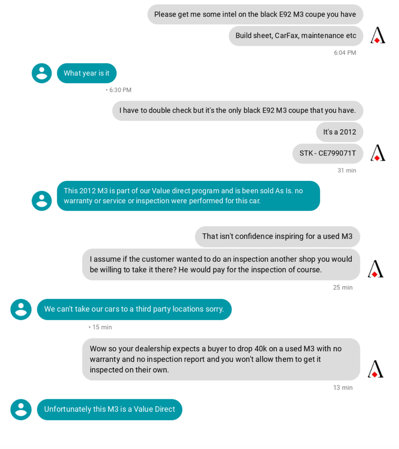 Illustration for article titled Check Out This Conversation With a BMW Dealer Who Really Didn't Want to Sell a Used M3